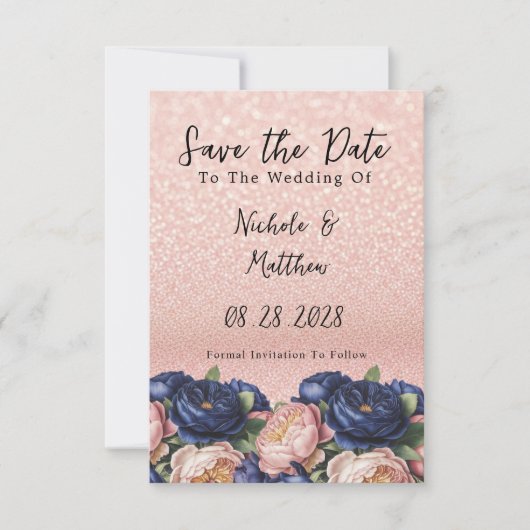 Hochzeit von Navy Blue und Rose Gold Save The Date (Vorderseite)