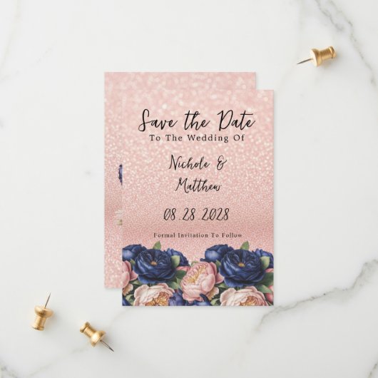Hochzeit von Navy Blue und Rose Gold Save The Date (Vorderseite/Rückseite Beispiel)