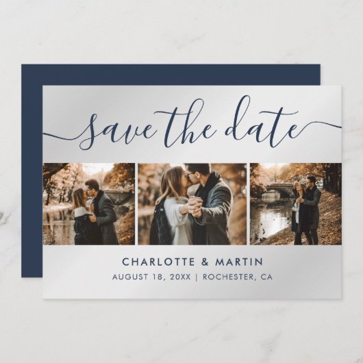 Hochzeit von Navy Blue und Silver Modern Foto Coll Save The Date (Vorne/Hinten)