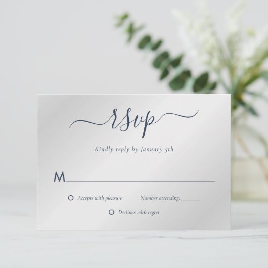 Hochzeit von Navy Blue und Silver RSVP Karte (Stehend Vorderseite)
