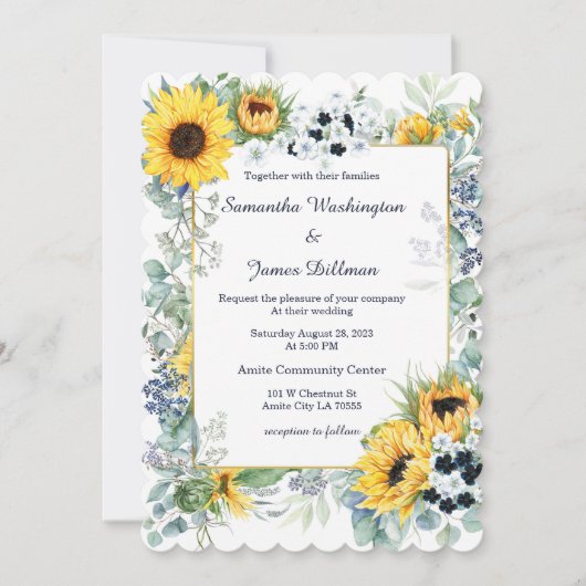 Hochzeit von Navy Blue und Sunflower Einladung (Vorderseite)