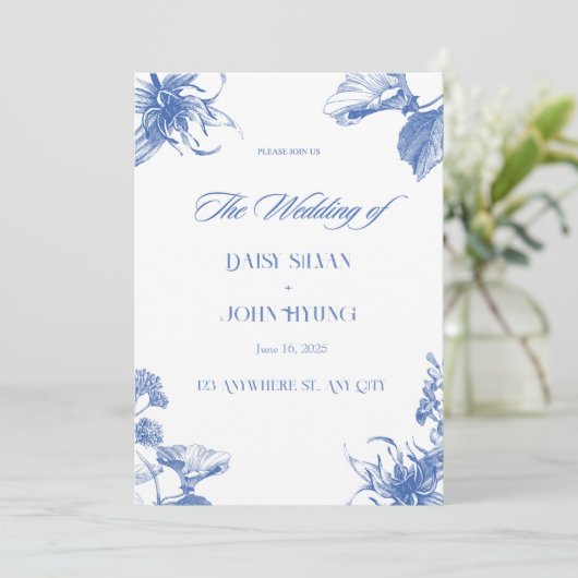 Hochzeit von Navy Blue und White Chinoiserie Einladung (Stehend Vorderseite)