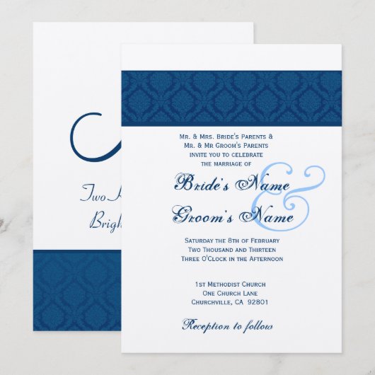 Hochzeit von Navy Blue und White Diamond Damask Einladung (Vorne/Hinten)