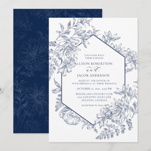 Hochzeit von Navy Blue und White Geometric Floral Einladung (Vorne/Hinten)