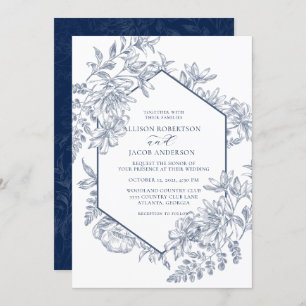 Hochzeit von Navy Blue und White Geometric Floral Einladung