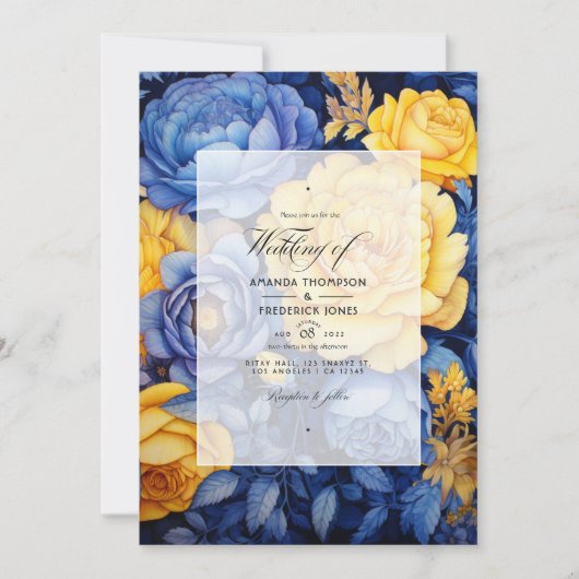 Hochzeit von Navy Blue und Yellow Floral Einladung (Vorderseite)