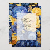 Hochzeit von Navy Blue und Yellow Floral Einladung (Vorne/Hinten)