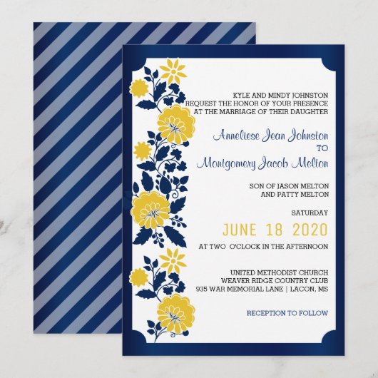 Hochzeit von Navy Blue und Yellow Floral Einladung (Vorne/Hinten)