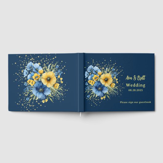 Hochzeit von Navy Blue und Yellow Florals Gold Gästebuch (Voll)