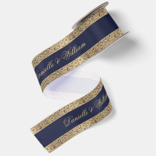 Hochzeit von Navy Blue Vintag Gold Rose Calligraph Satinband