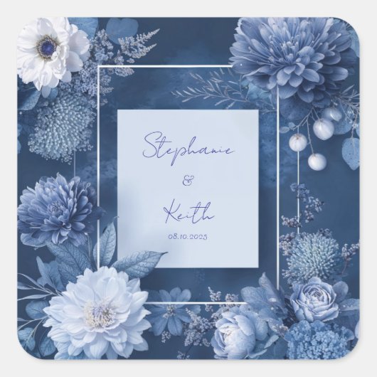Hochzeit von Navy Blue & White Floral Quadratischer Aufkleber (Vorderseite)