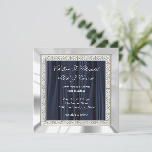 Hochzeit von Navy Blue, White Satin und Silver Einladung (Stehend Vorderseite)