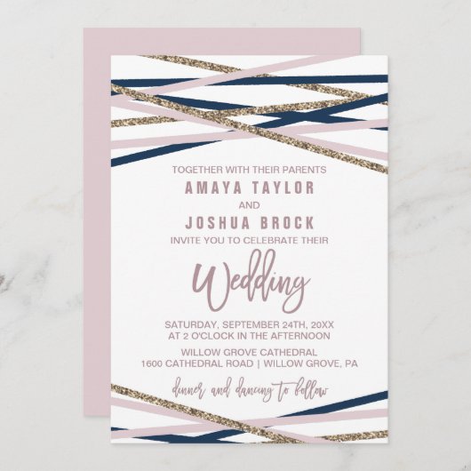 Hochzeit von Navy Blush und Gold Streamers Einladung (Vorne/Hinten)
