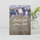Hochzeit von Navy-Floral-Rustikalen String-Lights Einladung (Stehend Vorderseite)