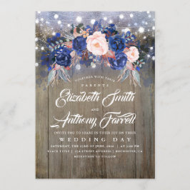 Hochzeit von Navy-Floral-Rustikalen String-Lights Einladung