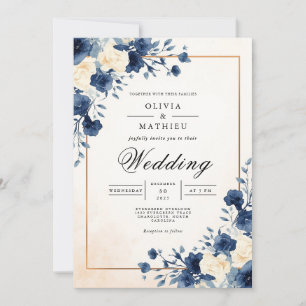 Hochzeit von Navy Floral Watercolor Geblüht Einladung