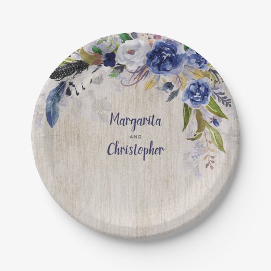 Hochzeit von Navy Floral Watercolor Pappteller (Vorderseite)