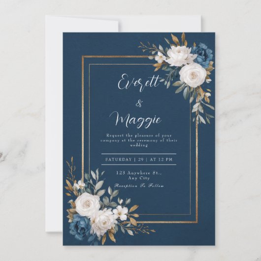 Hochzeit von Navy & Gold Peony Einladung (Vorderseite)