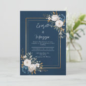 Hochzeit von Navy & Gold Peony Einladung (Stehend Vorderseite)