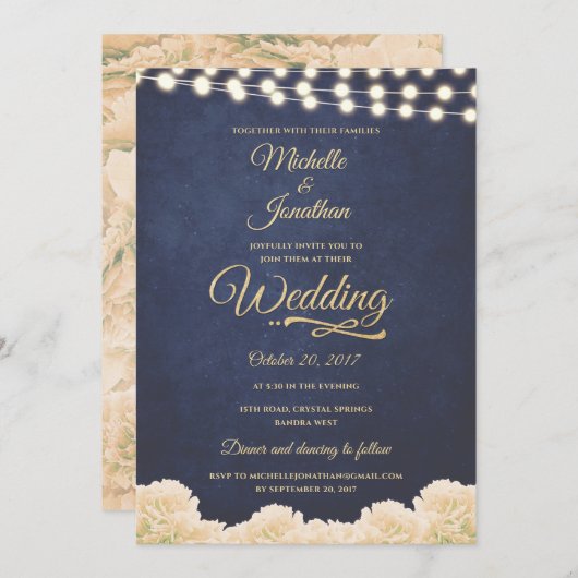 Hochzeit von Navy Gold Rustic Chic Floral String L Einladung (Vorne/Hinten)