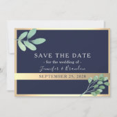 Hochzeit von Navy Gold und Grünpflanzen Save The Date (Vorderseite)