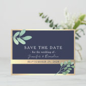 Hochzeit von Navy Gold und Grünpflanzen Save The Date (Stehend Vorderseite)