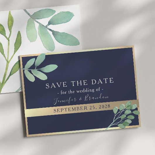 Hochzeit von Navy Gold und Grünpflanzen Save The Date