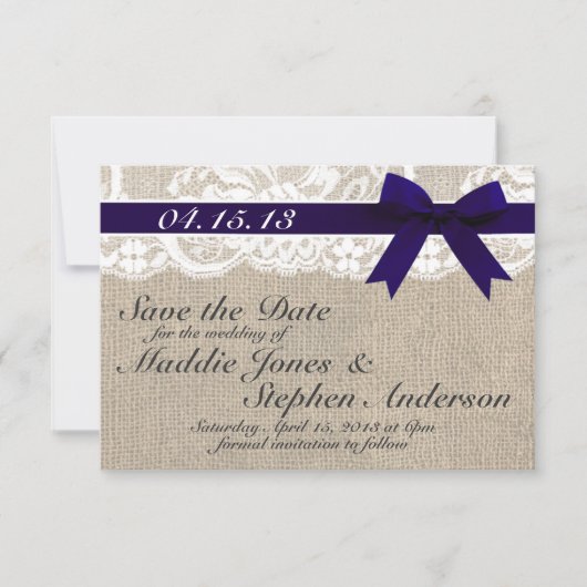 Hochzeit von Navy Lace & Burlap retten das Datum Save The Date (Vorderseite)