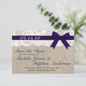 Hochzeit von Navy Lace & Burlap retten das Datum Save The Date (Stehend Vorderseite)