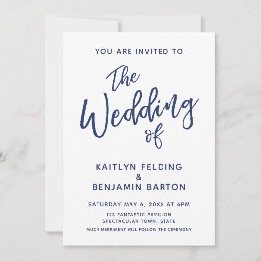Hochzeit von Navy Lässig-Modern-Minimal-Handtypogr Einladung (Vorderseite)