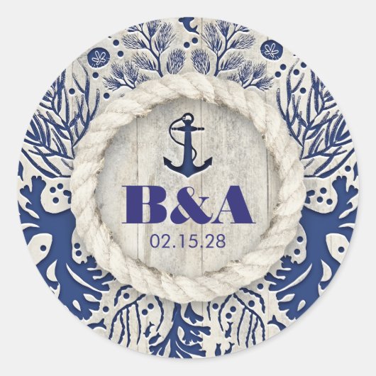 Hochzeit von Navy Nautic Rustic Beach Driftwood Runder Aufkleber (Vorderseite)