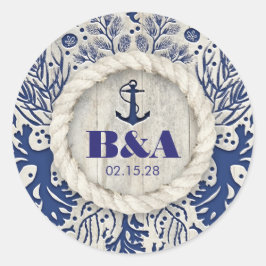 Hochzeit von Navy Nautic Rustic Beach Driftwood Runder Aufkleber