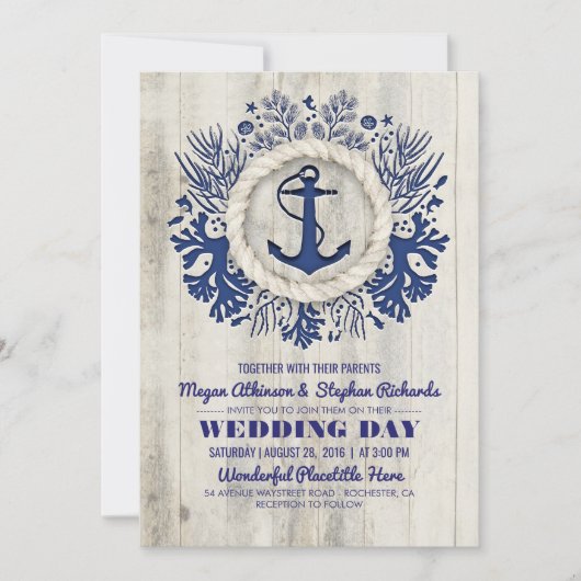 Hochzeit von Navy Nautical Anchor Rustic Beach Einladung (Vorderseite)