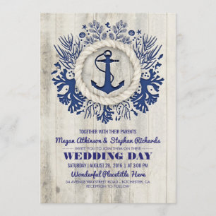 Hochzeit von Navy Nautical Anchor Rustic Beach Einladung