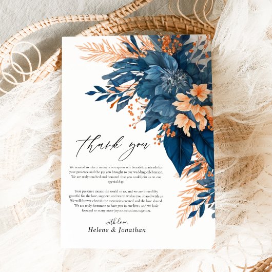 Hochzeit von Navy Orange Rust Floral Elegant Dankeskarte
