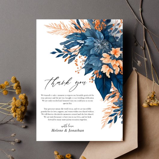 Hochzeit von Navy Orange Rust Floral Elegant Dankeskarte