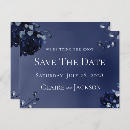 Hochzeit von Navy Peony Assembly rettet das Datum Einladung (Vorne/Hinten)
