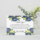 Hochzeit von Navy Peony Citrus Painted Floral Dankeskarte (Stehend Vorderseite)