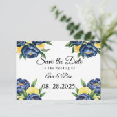 Hochzeit von Navy Peony Citrus Painted Floral Save The Date (Stehend Vorderseite)