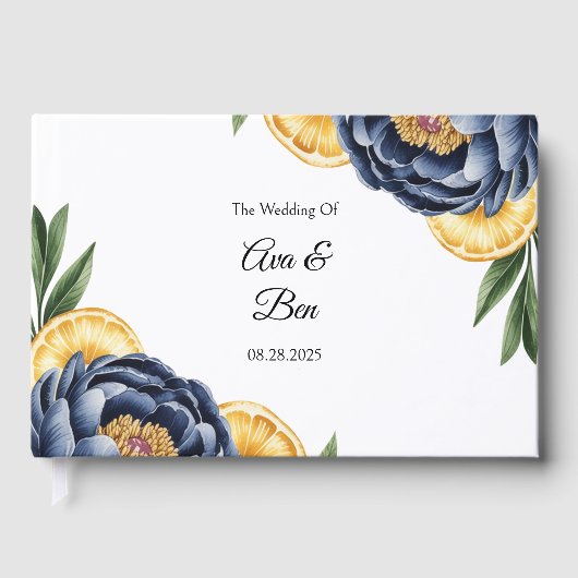 Hochzeit von Navy Peony Citrus Watercolor Gästebuch (Vorderseite)