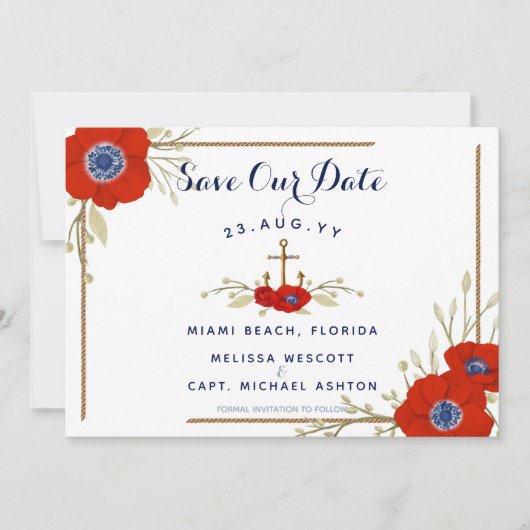 Hochzeit von Navy & Red Anemone Nautical Red White Save The Date (Vorderseite)