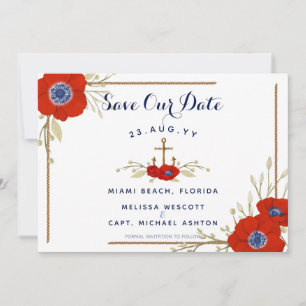 Hochzeit von Navy & Red Anemone Nautical Red White Save The Date