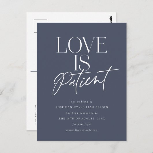 Hochzeit von Navy-Script-Liebe verschieben Datum Postkarte (Vorne/Hinten)