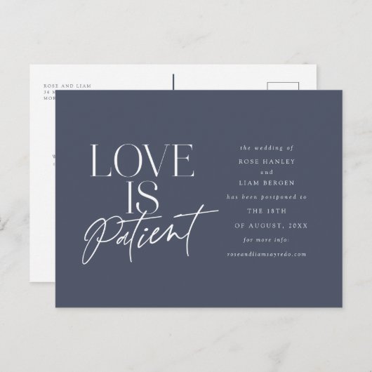 Hochzeit von Navy-Script-Liebe verschieben Datum Postkarte (Vorne/Hinten)