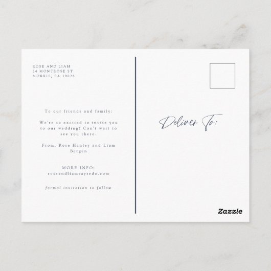 Hochzeit von Navy-Script-Liebe verschieben Datum Postkarte (Rückseite)