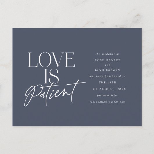 Hochzeit von Navy-Script-Liebe verschieben Datum Postkarte (Vorderseite)