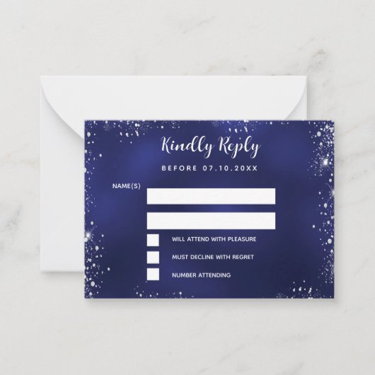 Hochzeit von Navy-Silber-Glitzer RSVP Mitteilungskarte (Vorderseite)