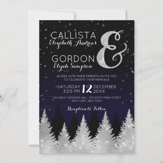 Hochzeit von Navy Silver Glitzer Tree Winter Wonde Einladung (Vorderseite)