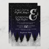 Hochzeit von Navy Silver Glitzer Tree Winter Wonde Einladung (Vorne/Hinten)