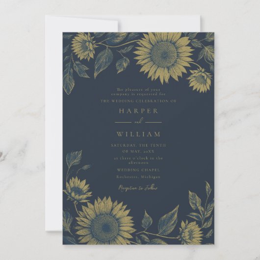 Hochzeit von Navy-Sonnenblumen Einladung (Vorderseite)